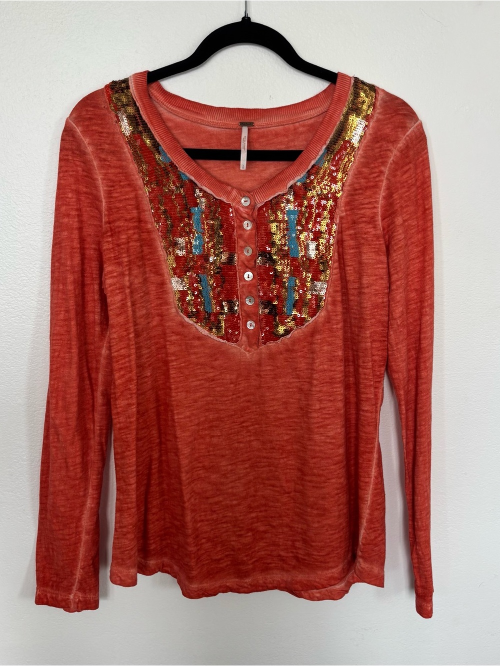 Free People Tiger Eyes Aztec Long Sleeve Sequin Bib Henley Cotton Boho Festival